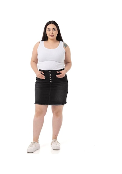 Disentis Büyük Beden Eteği Püsküllü Düğme Detaylı Siyah Denim Mini Etek-siyah Siyah