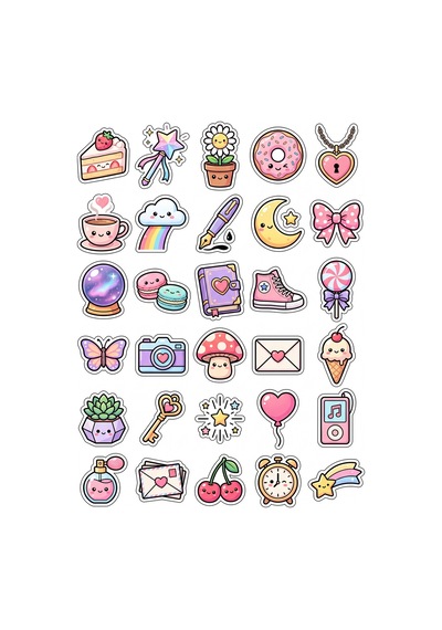 30 Adet Pastel İkon Sticker Seti - Laptop Defter Telefon Kılıfı Çok Renkli