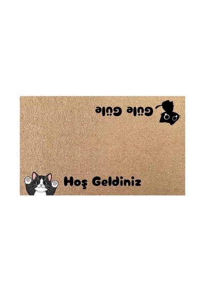 Eldione Kaymaz Tabanlı Baskılı Şık Kapı Önü Paspası 45x70 Cm Coco Hasır Görünümlü Velür Kedi Paspası Bej