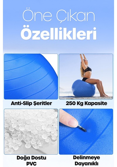 65 Cm Pilates Topu Ve Pompa Seti 155-170 Cm Boy İçin Uygun Dayanıklı Anti-slip Mavi