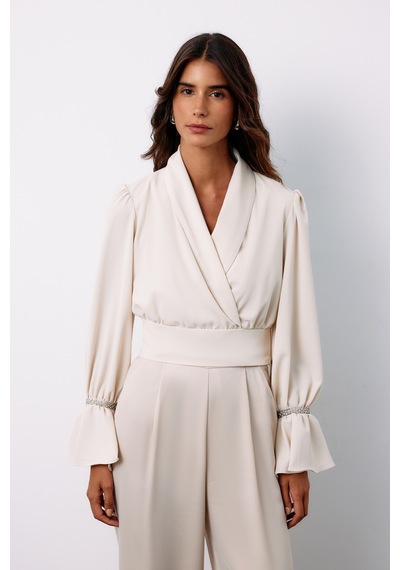 Sateen Aksesuar Detaylı Bluz - Bej-135127 Bej