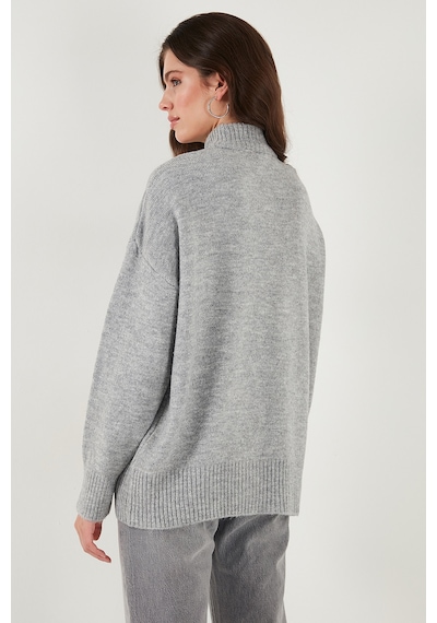 Lela Premium Oversize Fit Balıkçı Yaka Yumuşak Dokulu Triko Bayan Kazak 680Kz00469 Açık Gri