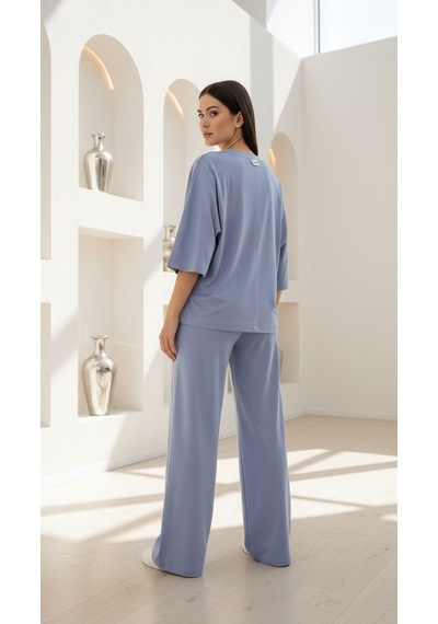 Divinus Bol Kesim V Yaka Yarım Kollu Pijama Takımı Mavi