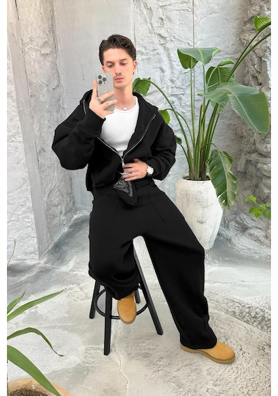 Siyah Cozy Basic Tam Fermuar Oversize Sweatshirt Siyah