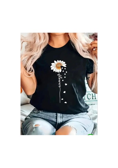 Medinenur Flower Yazı Detaylı Basic T-shirt Siyah