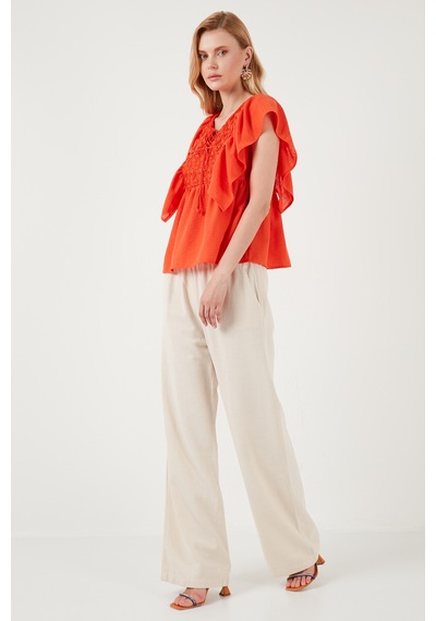 Lela Regular Fit Önden Bağlamalı Volanlı Bayan Bluz 611Fb20064 Oranj