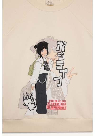 DeFacto Kız Çocuk Relax Fit Bisiklet Yaka Anime Baskılı Sweatshirt D8817A825SPER99 Ekru