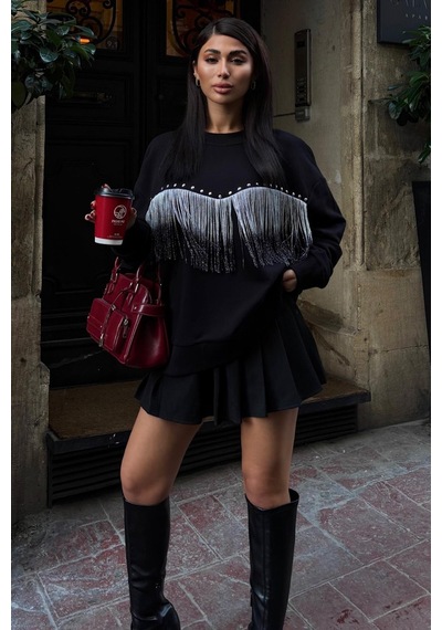 WeShaya Kadın Siyah Pamuk Uzun Kol Sweatshirt Siyah