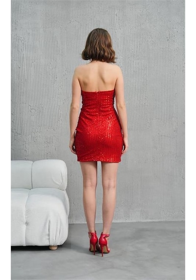 Dip Moda Kadın Straplez Payet Mini Elbise Dpnbwll06 Kırmızı