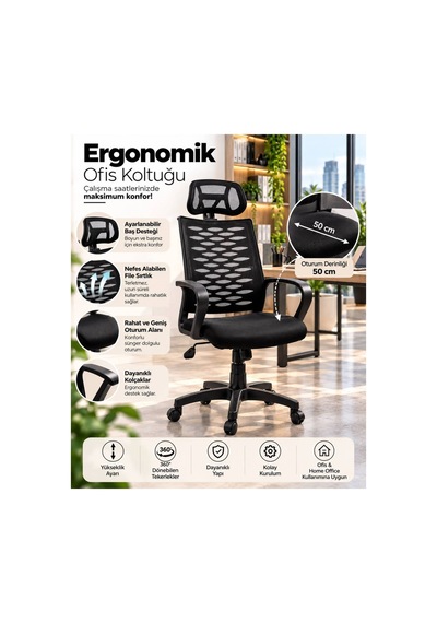 Milano Ergonomik Fileli Ofis Koltuğu, Bel Destekli, Kollu, Döner Tekerlekli Bilgisayar Ve Çalışma Sa Siyah
