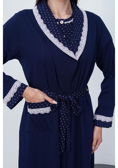 Mecit Pijama Mecit 6393 Lacivert Pamuklu Kadın Sabahlık Pijama Gecelik Seti