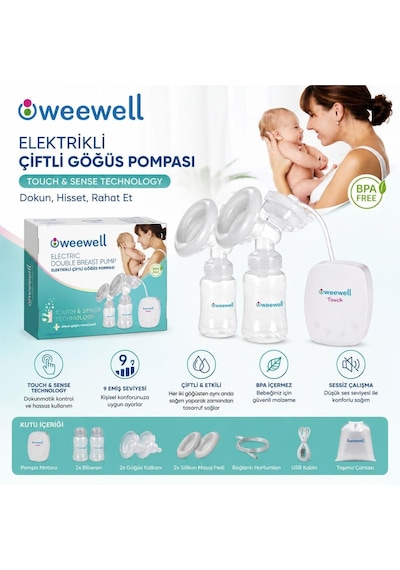 Tr Weewell Elektrikli Çiftli Göğüs Pompası Touch & Sense Teknolojisi 9 Emiş Seviyesi Bpa İçermez Sessiz Usb