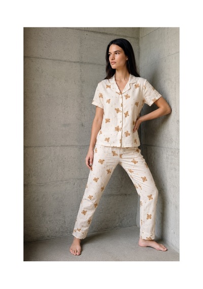 Fit Women V Yaka Düğmeli Casual Kırık Beyaz Pijama Takımı