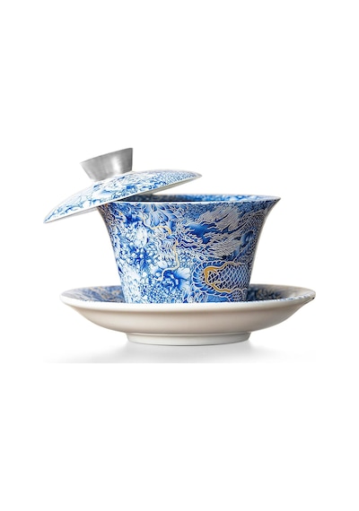 Çin Ejderhası Gaiwan Mavi Sancai Çay Kasesi Seti, 100 Ml Porselen Fincan Ve Tabak
