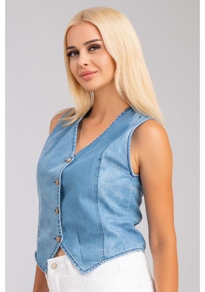Bold & Young Kadın Bleach Yıkama Lyocell İnce Denim Kumaş Kot Yelek Lacivert