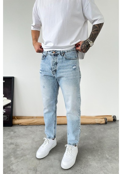 Buz Mavi Soft Degrade Yırtıklı Boyfriend Pantolon