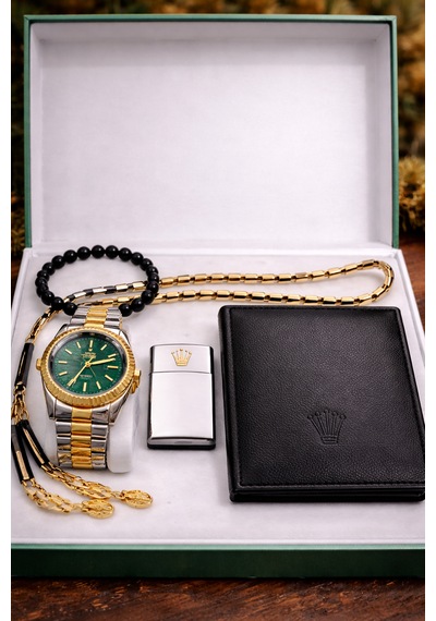Elifin Işığı Emerald Gold Erkek Saat & Aksesuar Hediye Seti Yeşil Kadran Premium Seri Altın - Metalik Gri Elifin Işığı Emerald Gold Erkek Saat & Aksesuar Hediye Seti Yeşil Kadran Premium Seri Altın - Metalik Gri