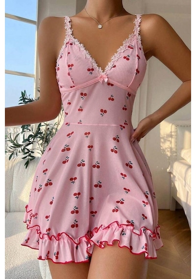 Bella Notte Romantik Pembe Kiraz Baskılı Askılı Tanga Ve Gecelik