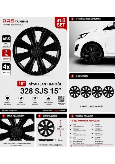 15 Inc Kırılmaz Sks Parlak Siyah Jant Kapağı 1 Takım 4 Adet No:328