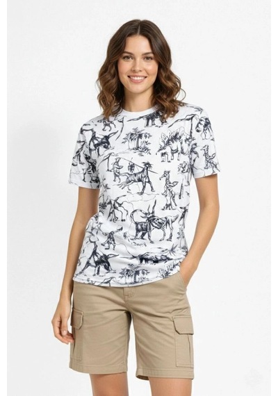 Freedom Storee Kadın Dinozor Dijıtal Ön Ve Arka Baskılı Tişört Bisiklet Yaka T-shirt - Beyaz Çok Renkli