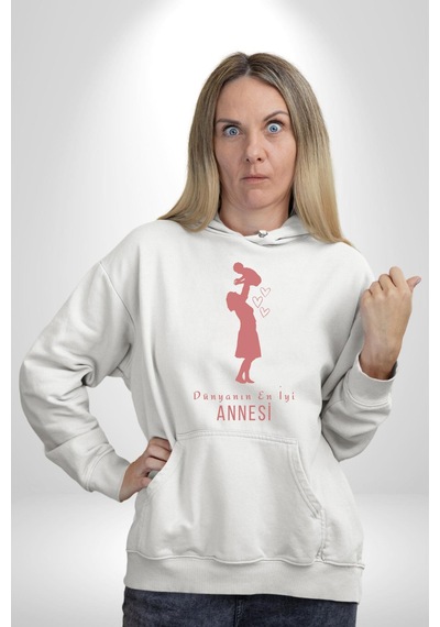 Anneler Günü Dünyanın En İyi Annesi Kadın Erkek Beyaz Kapüşonlu Sweatshirt Hoodie Beyaz