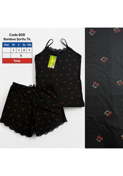 Belpa Sıla Sella Bamboo Kadın Şortlu Pijama Takımı Askılı Dantel Detaylı Siyah