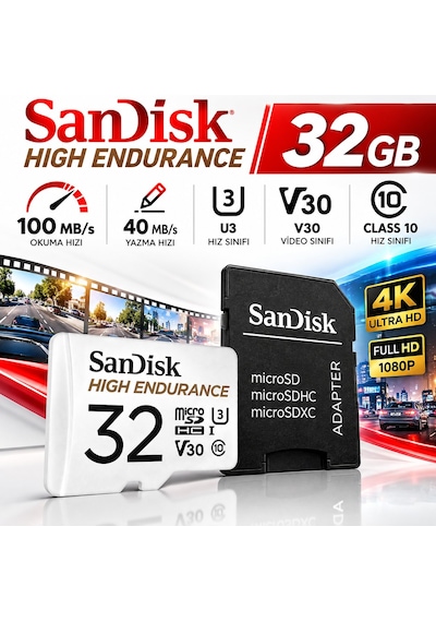 Sandisk High Endurance 32 Gb Microsdhc Hafıza Kartı + Sd Adaptör 100 Mb/s, U3 V30 Class 10, 4k Ful