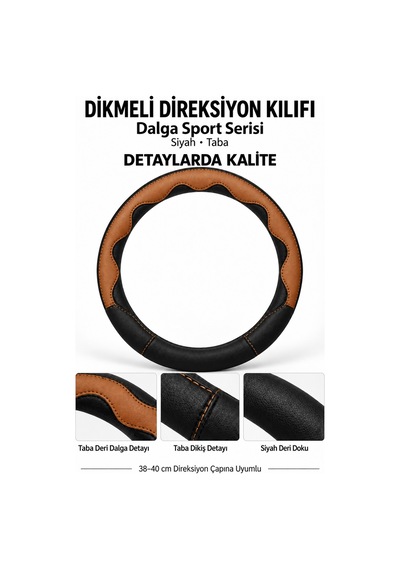 Trobus Hyundai Santa Fe 2024-2025 Uyumlu Dikmeli Direksiyon Kılıfı Dalga Sport Deri Siyah Taba Taba - Siyah