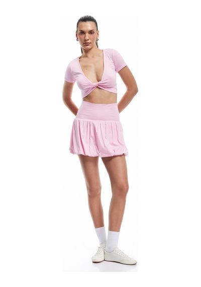 Koton V Yaka Büzgü Detaylı Modal Karışımlı Crop Spor Tişört Pembe 5sak10264nk Gül