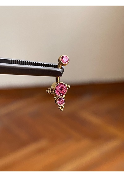 Üç Taş Pembe Renk Ultraliğht 10 Mm Titanyum Göbek Piercingi Turkuaz