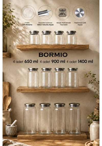 Porsima Bormio 12'li Vakumlu Metal Kapaklı Cam Kavanoz Seti 1400 Ml, 900 Ml, 650 Ml Erzak & Baharatlık Bambu - Şeffaf