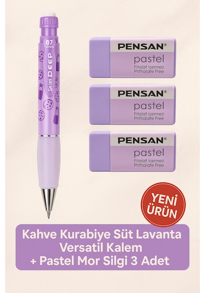 Metalik Mavi 0.7 Versatil Kalem + Pastel Mavi Silgi 3'lü Set Mor