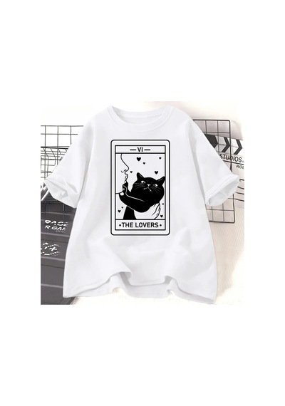 Startmore Beyaz Tarot Aşıklar Kedi Sevgilisi Çılgın Kedi An Grafik Tees Harajuk Beyaz