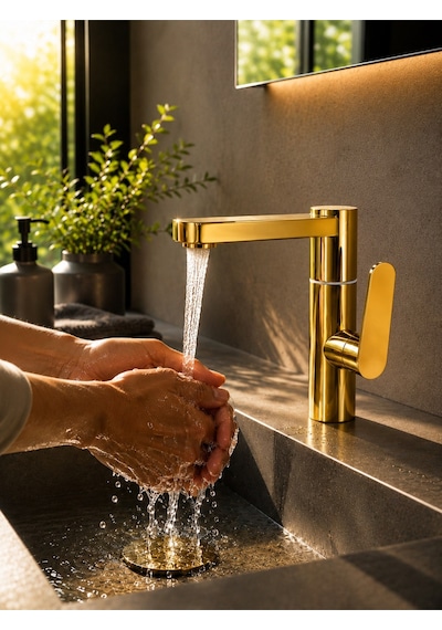 Viosa Silva 360 Döner Parlak Gold Lavabo Bataryası Lüks Modern Banyo Musluğu Banyo Lavabo Bataryası Siyah