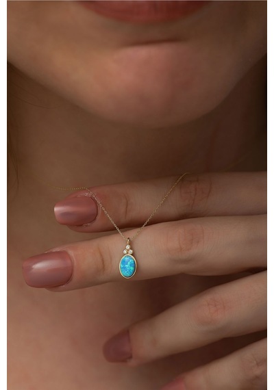 Papatya Silver 925 Ayar Oval Opal Taşlı Gümüş Kolye Rose Altın Kaplama
