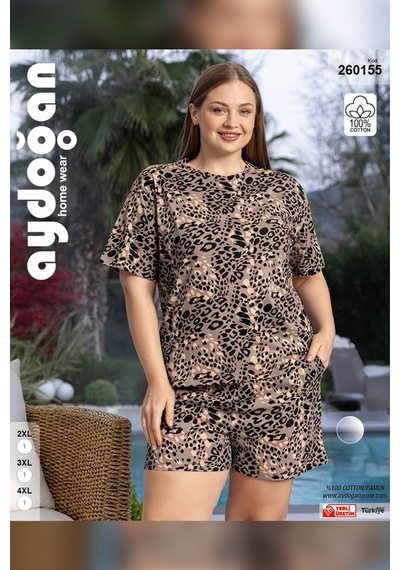 Aydoğan Kadın Lara Büyük Beden Şortlu Cotton Loepar Pijama Takım 0155 Vizon
