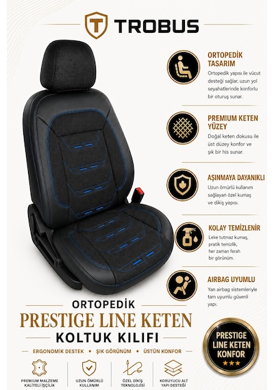 Renault R9 Broadway 1990-2000 Uyumlu Prestige Line Keten Serisi Siyah Mavi Koltuk Kılıfı