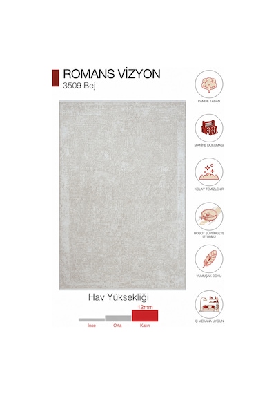 Romans Vizyon 3509 Bej Eskitme Dokulu Akrilik Salon Halısı Bej Beyaz