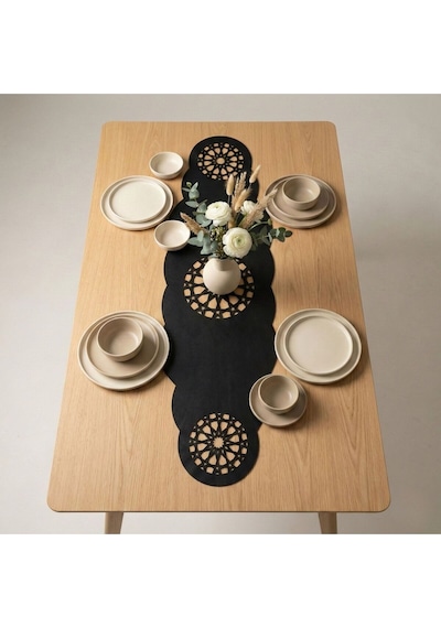 1 Adet Deri Runner-40x140 Cm-yıldız Desenli Runner Siyah