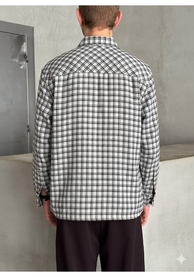 Erkek Oversize Kesim Kareli Gömlek Gri Melanj