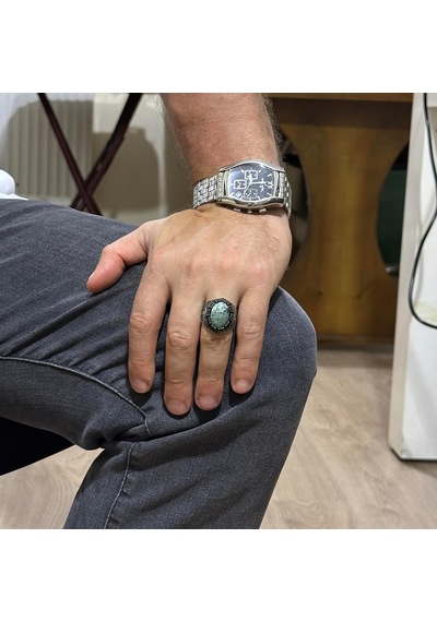 Gerçek Doğal Larimar Taşı Yüzük - El Yapımı 925 Ayar Gümüş Erkek Takısı Gümüş