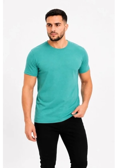 Defymoda Erkek Basic Tişört Bisiklet Yaka Kısa Kol Günlük Yazlık Slim Fit T-shirt - Su Yeşili