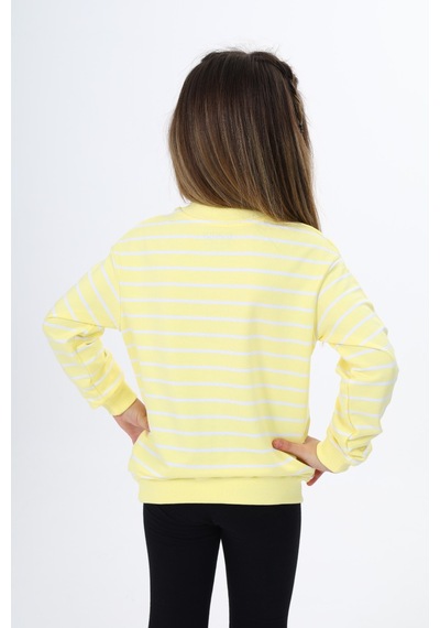 Kız Çocuk Regular Fit Bisiklet Yaka Düşük Omuz Çizgili Sweatshirt - 2 İplik Açık Sarı
