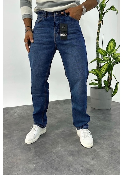 Baggy Koyu Mavi Renk Eskitme Kot Pantolon-Erkek Koyu Mavi