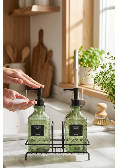 Makri Home Modern Kabartma Desenli Cam İkili Sıvı Sabunluk & Deterjanlık Seti, Yeşil - 500 Ml Cam Sabunluk Yeşil
