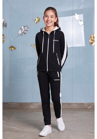 Pina Kids Kız Çocuk Potential Kalın Şeritli Kapüşonlu Düz Paça Dalgıç Kumaş Eşofman Takımı Esf7016 siyah Pina Kids Kız Çocuk Potential Kalın Şeritli Kapüşonlu Düz Paça Dalgıç Kumaş Eşofman Takımı Esf7016 siyah