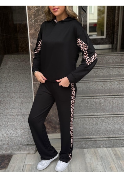 Ahes Shopping Kadın Kapüşonlu Leopar Detay Sweat Ve Yüksek Bel Yanları Leopar Şeritli Bol Paça Pantolon Ikili Takım Siyah