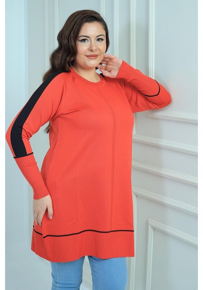 By Saygı Kadın Kolları Şeritli Büyük Beden Tunik Bluz-41849 Oranj