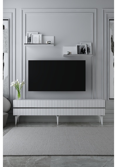 180dhdtrü5bg Tedy Lazer Pleksi Desenli Raflı Tv Sehpası Ünitesi Beyaz-gümüş