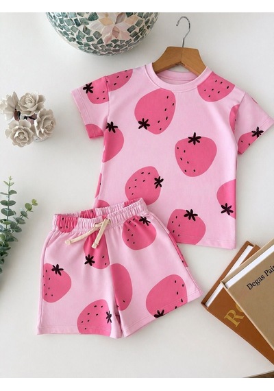 Magu Kız Çocuk Pamuklu Pembe Çilek Desenli T-shirt Şort Takım
